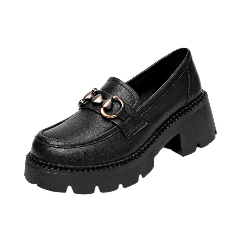 Chaussures en cuir pour femmes printemps 2025 style britannique cuir souple mocassins polyvalents à semelle épaisse slip-on à bout rond